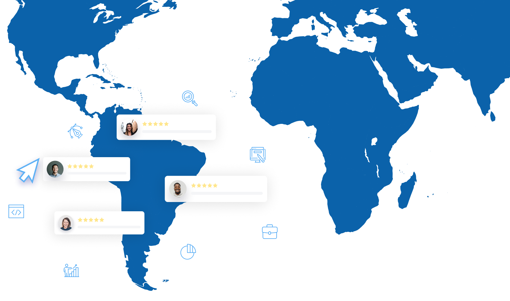 Mapa de Latinoamérica que muestra diferentes profesionales de diversas áreas, como tecnología, diseño, marketing y desarrollo.